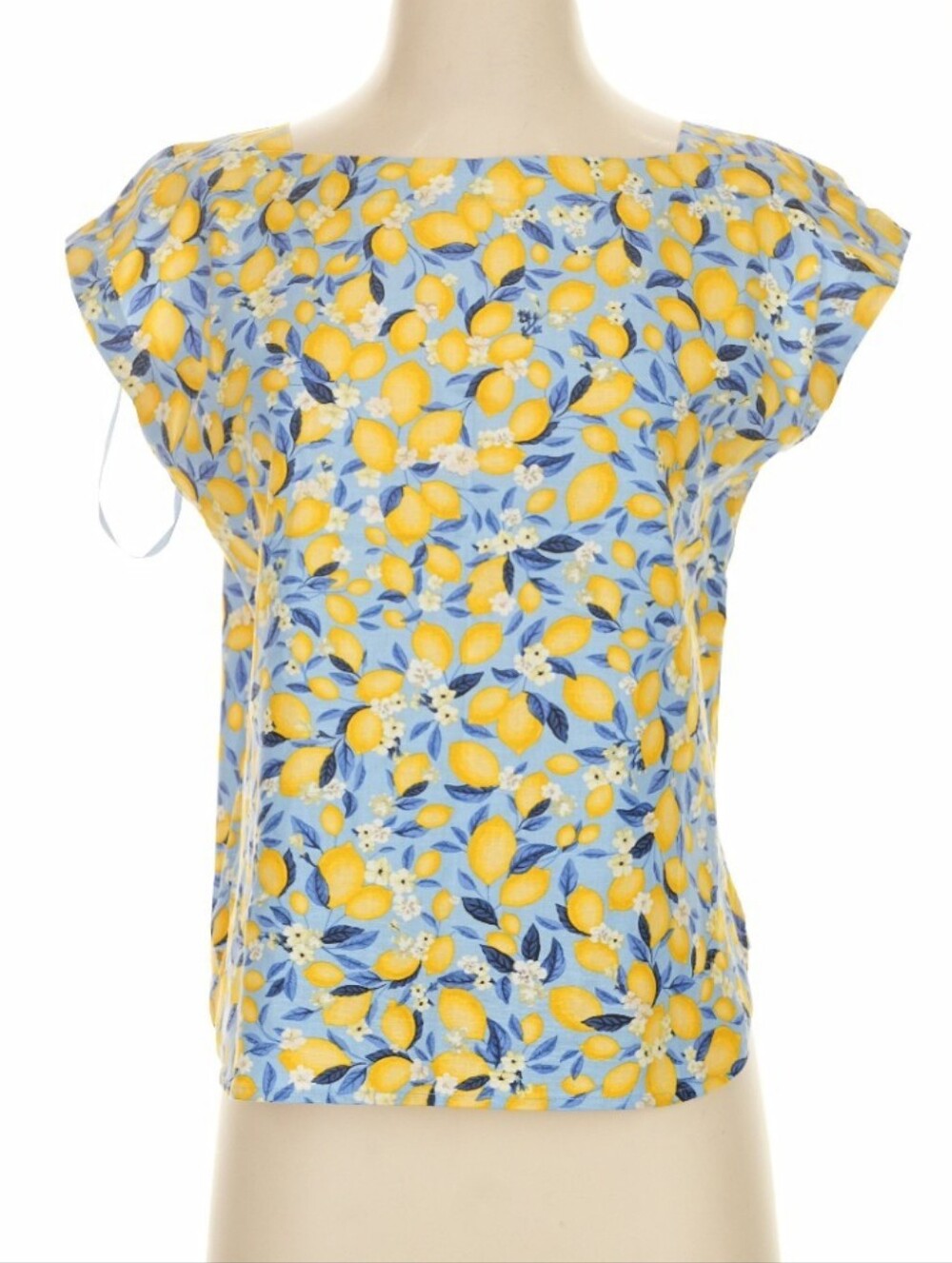 NWT Ann Taylor Lemon Print Cap Sleeve Linen Blouse - Yellow & Blue, X-small